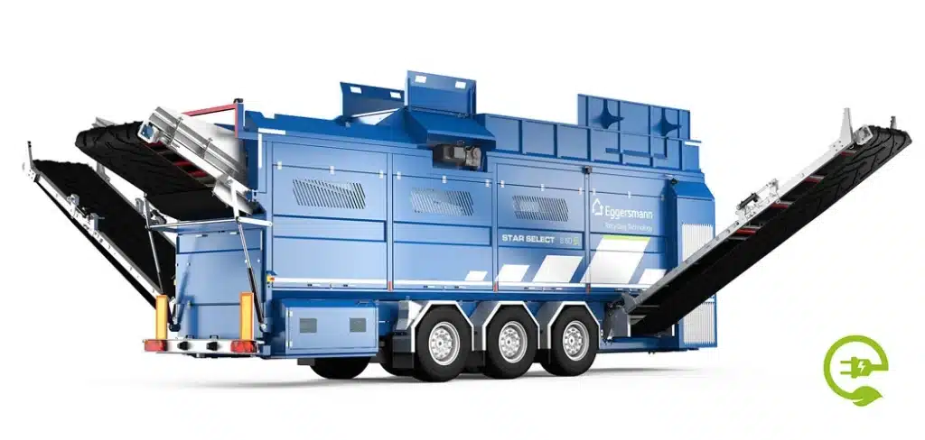 Cribleur électrique Eggermann Star Select S 60 bleu avec convoyeurs déployés pour le recyclage industriel.
