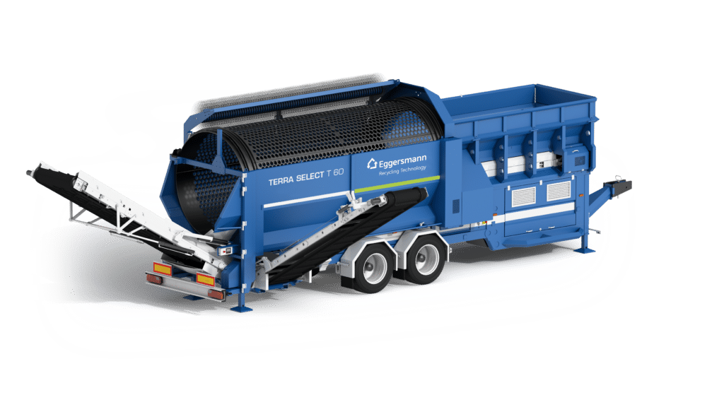 Trommel de criblage Eggersmann TERRA SELECT T 60 bleu, machine de recyclage mobile avec convoyeurs.