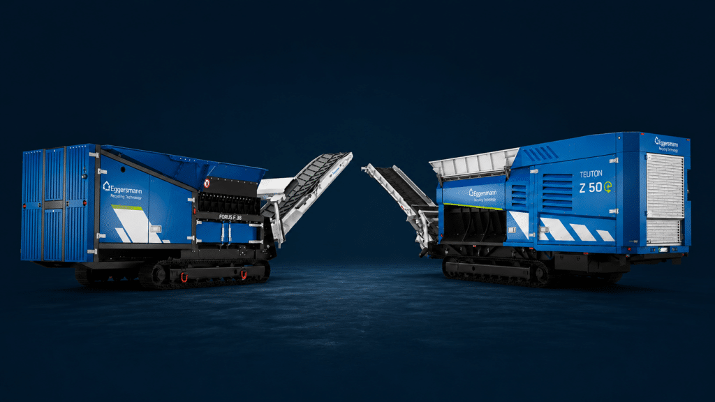 Machines Eggersmann : broyeur FORUS F 38 et TEUTON Z 50 sur chenilles avec convoyeurs pour le recyclage.