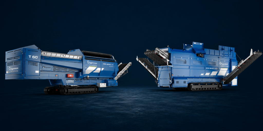 Cribleurs Eggersmann Terra Select T 60 et Star Select S 60, machines bleues de technologie de recyclage.