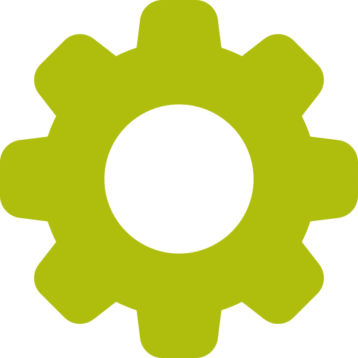 Icône d'engrenage jaune-vert aux dents arrondies avec un centre blanc évidé, symbole de paramètres et mécanique.